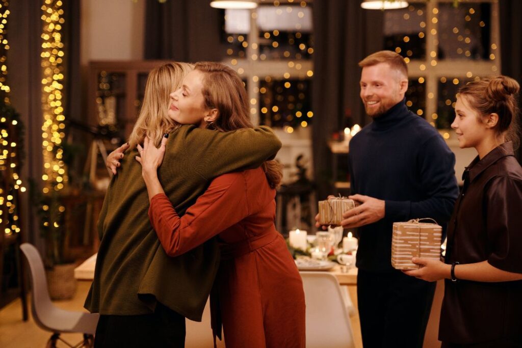 A woman receiving gifts.